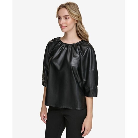 Calvin Klein Women's Short-Sleeve Faux-Leather Top Blouse Black Size Large - Picture 4 of 4